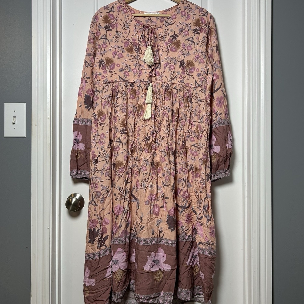 R. Vivimos Dusty Peach Floral Border Print Tassel Tie Maxi Dress Boho Chic Style